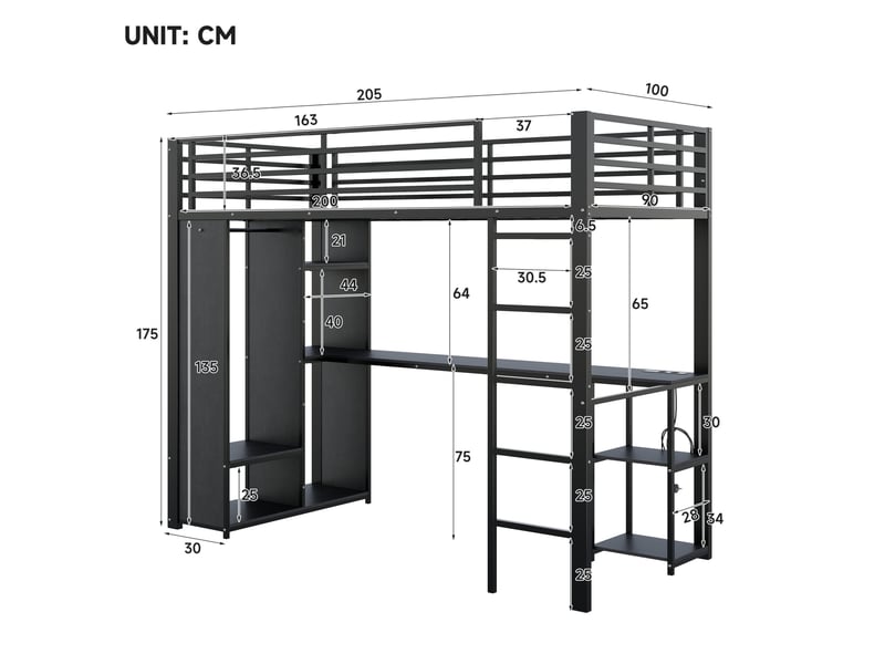  Lit mezzanine enfant 90 x 200 cm avec bureau, led et rangement, noir, métal  - Conforama C