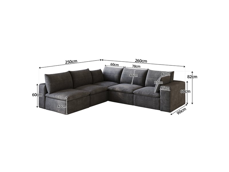 Canapé nuage en velours côtelé gris foncé 5 places modulable sans montage 260x250 cm - Conforama C