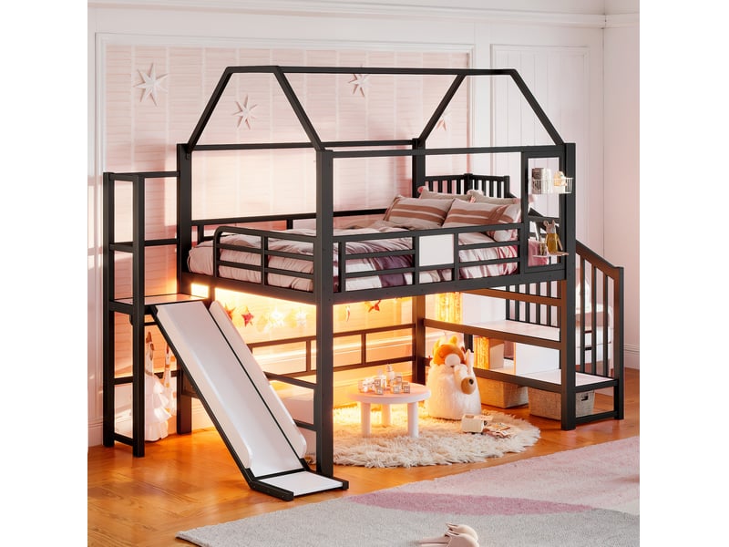  Lit mezzanine enfant tcqpz 140 x 200 cm avec toboggan escalier rangement led bluetooth métal noir  - Conforama B