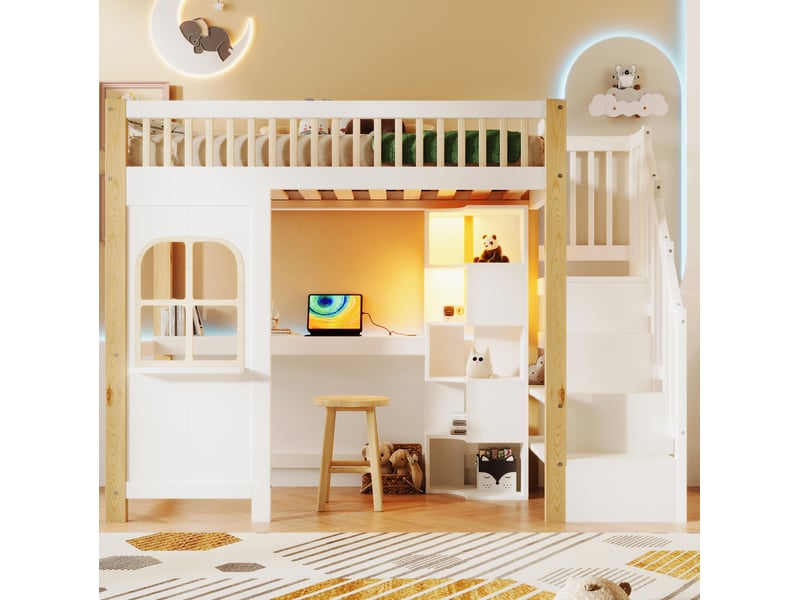  Lit mezzanine enfant 90x200 cm, maison et bureau intégrés, rangements, bois pin et mdf, blanc naturel, sans matelas  - Conforama B