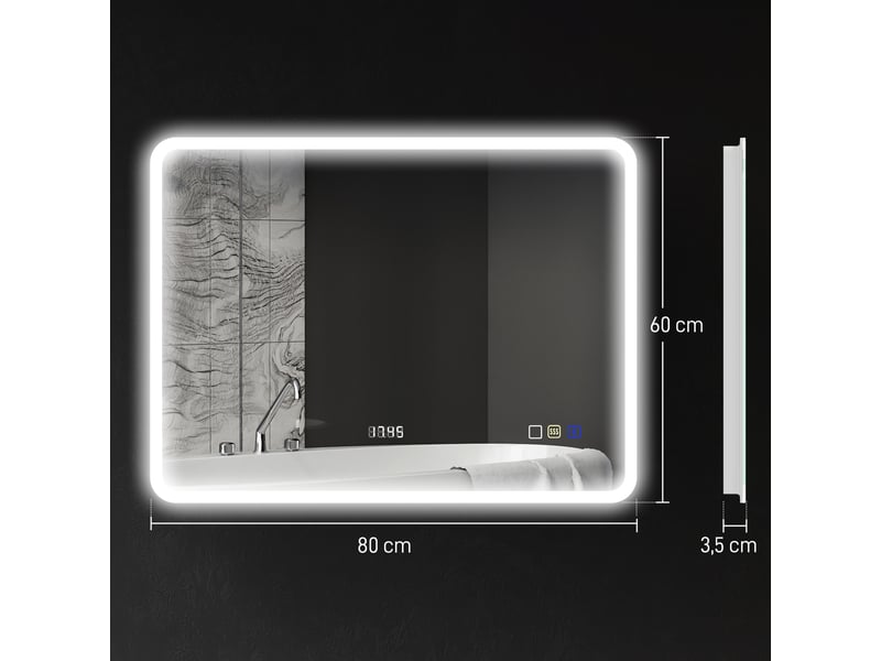  Miroir de salle de bain avec éclairage led 80x60 cm, bluetooth, 3 couleurs d'éclairage, fonction antibuée, fonction mémoire, ip44  - Conforama E
