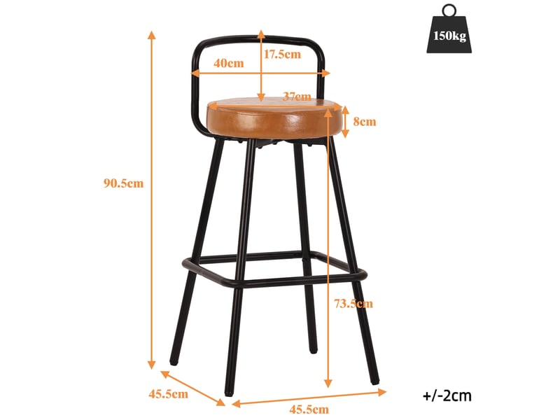  Tabourets de bar 37x37x90,5 cm lot de 2, dossier, repose-pieds, pour cuisine et salon, pieds métal, assise pu, marron  - Conforama C