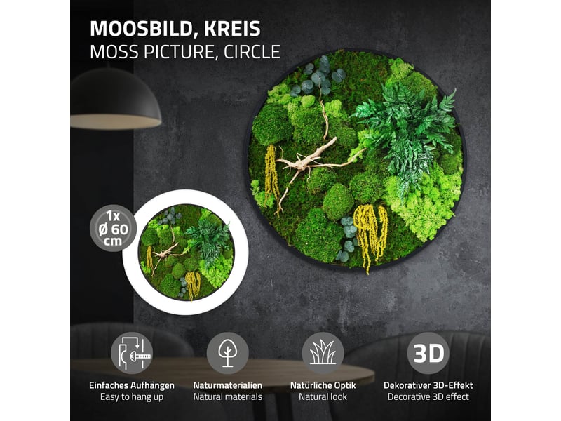 Ecd germany tableau végétal mural stabilisé, ø 60 cm, mélange de mousses avec eucalyptus, fougères et bois naturel, effet 3d, sans entretien, cadre mdf rond, décoration d'intérieur, style jungle ECD Germany GmbH - Conforama B