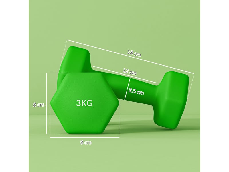  Lot de 2 haltères hexagonales antidérapantes de 3 kg pour la maison et la salle de sport, en métal et plastique, 18 x 8 x 8 cm, vertes  - Conforama E