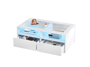 Table basse avec led pilotée par application, 2 tiroirs et 2 niches, plateau en verre, blanche, 100 × 50 × 35 cm