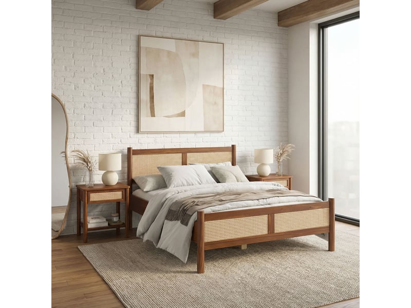 Lit double cefira 160x200 avec tête de lit en rotin - coloris châtaigne - Conforama B