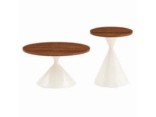 Lot de 2 tables basses rondes, plateau effet noyer chaleureux, pied en acier carbone blanc crème, ø7050 cm, design conique.