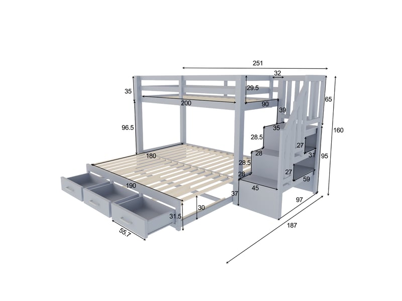 Lit superposé 90x200, lit gigogne extensible 90180x190cm avec escalier de rangement et tiroirs de lit, pour chambre enfant et adolescent, gris - Conforama E