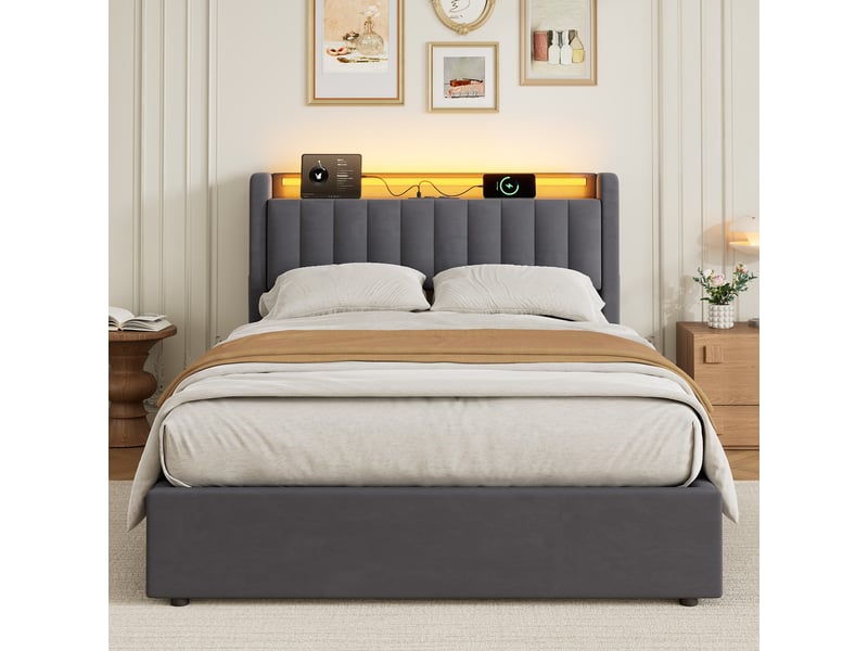  Lit coffre 2 places 140 x 190 cm cm avec led et usb, velours, gris foncé  - Conforama D
