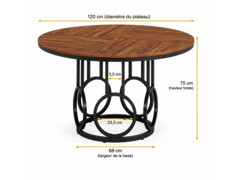  Table de salle à manger ronde 120x120x75 cm marron foncé et noir, plateau mdf, pour 4 à 6 personnes  - Conforama C