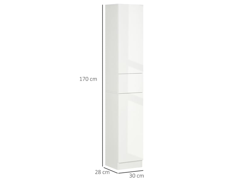  Meuble colonne rangement salle de bain style contemporain 2 placards 3 étagères et 1 tiroir coulissant panneaux particules brillant dim. 30l x 28p x 170h cm blanc laqué  - Conforama C