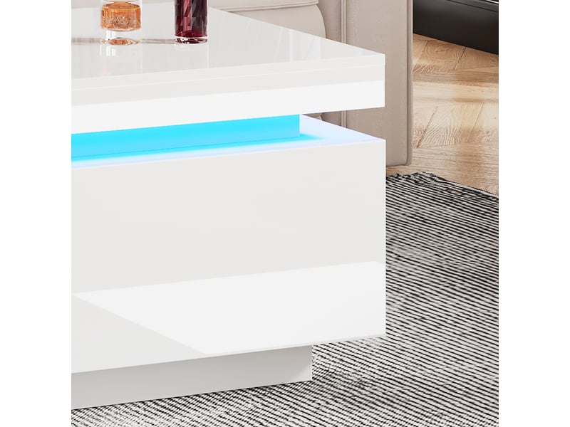  Table basse avec tiroir et led pour salon 100×50×40,3 cm en panneaux de particules blanc brillant  - Conforama D