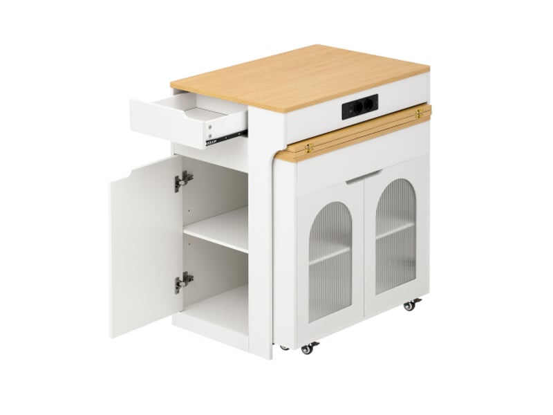  Île de cuisine mobile sur roulettes - table extensible, buffet blanc à 2 tiroirs bar coin repas, multiprise, verre strié  - Conforama E