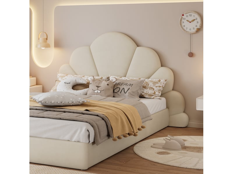  Lit double capitonné 140x200 cm en velours beige avec tête de lit en pétales  - Conforama D