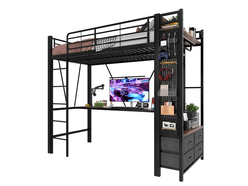  Lit mezzanine 90 x 200cm, structure métal, bureau, 4 tiroirs, étagères, led, usb type-c, sans matelas, noir  - Conforama A