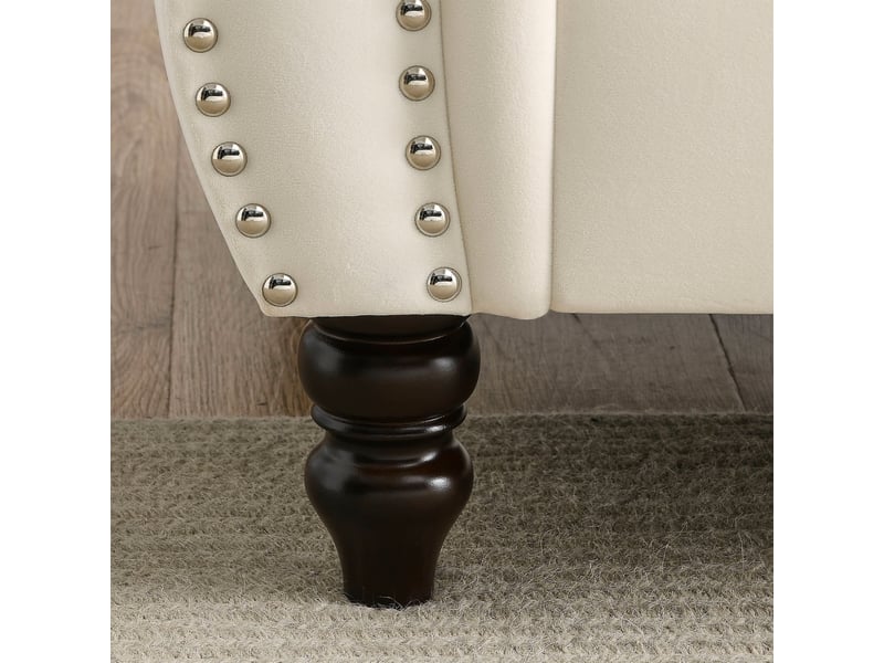  Canapé droit, pieds en bois d'hévéa façon bouteille, détails capitonnés et rivets argentés, 5 places, 76 x 73,6 x 203 cm + 76 x 73,6 x 148 cm, beige  - Conforama E