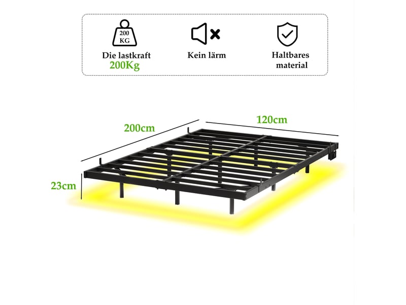  Cadre à lattes 120x200 cm en métal noir avec led, station de charge et cadre flottant  - Conforama C