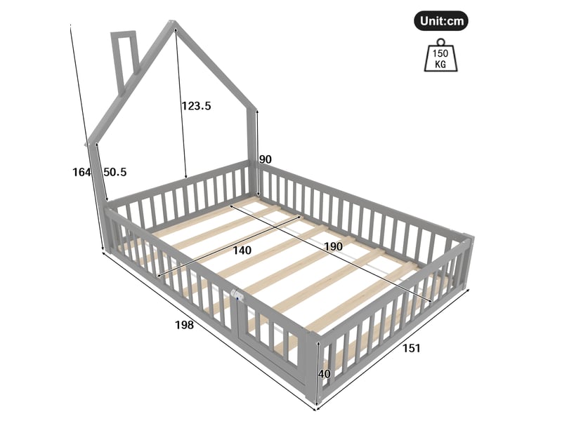  Lit enfant maison 140 x 190 cm sommier à lattes barrières de sécurité design ludique pin mdf gris sans matelas  - Conforama C