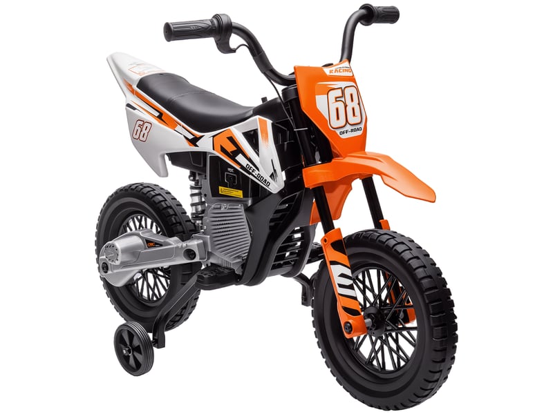 Moto électrique pour enfants avec stabilisateurs amovibles, suspension, effets sonores et indicateur de charge, orange - Conforama A