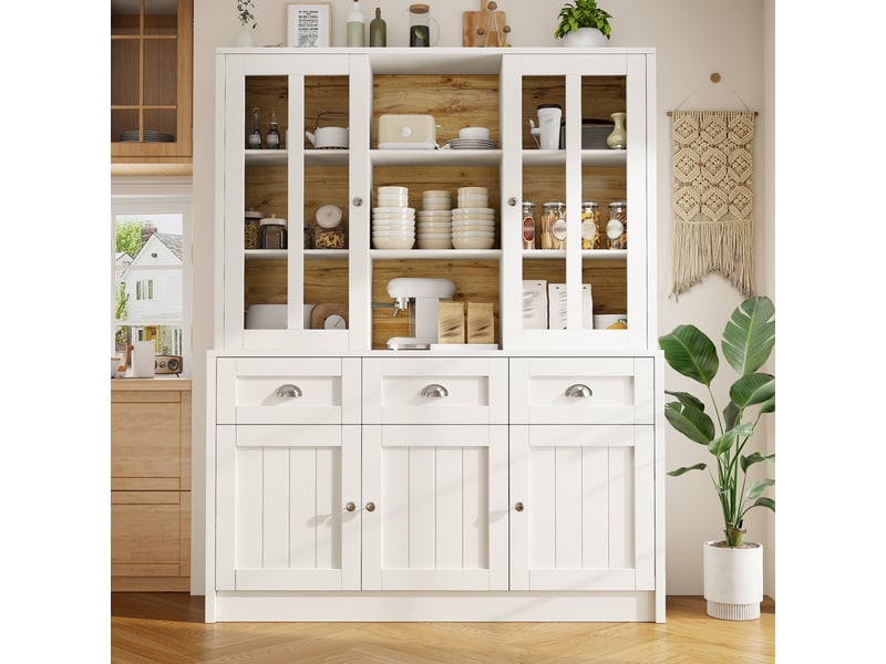 Buffet de cuisine - buffet haut avec portes acryliques vitrées -rangement tiroirs et étagères réglables mdf 140x38.5x175 - blanc - Conforama A
