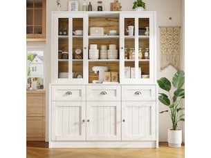 Buffet de cuisine - buffet haut avec portes acryliques vitrées -rangement tiroirs et étagères réglables mdf 140x38.5x175 - blanc