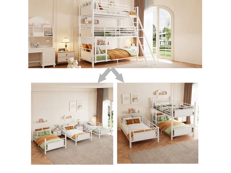 Lit superposé 3 niveaux 90x200 cm en métal blanc, convertible - Conforama E