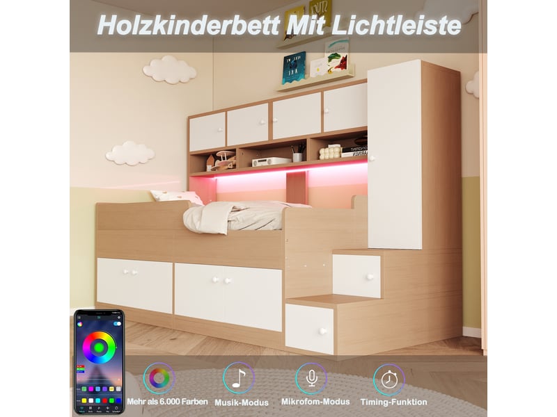  Lit enfant 90x200 cm avec rangements, armoire, échelle, led et structure mdf bois naturel  - Conforama D