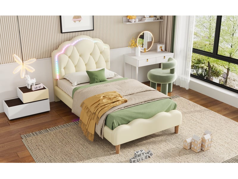  Lit coffre capitonné design ondulé avec led multicolore 90x200 cm beige pu lattes en bois pour enfant Sol Morn - Conforama D
