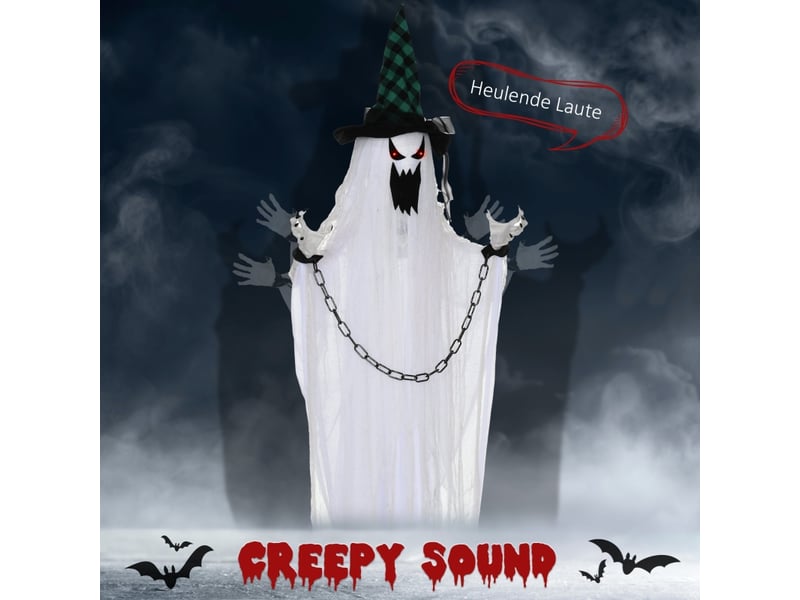 Décoration halloween suspendue fantôme avec mouvements, sons hurlants et yeux lumineux pour intérieur, 88×16×204 cm - Conforama E