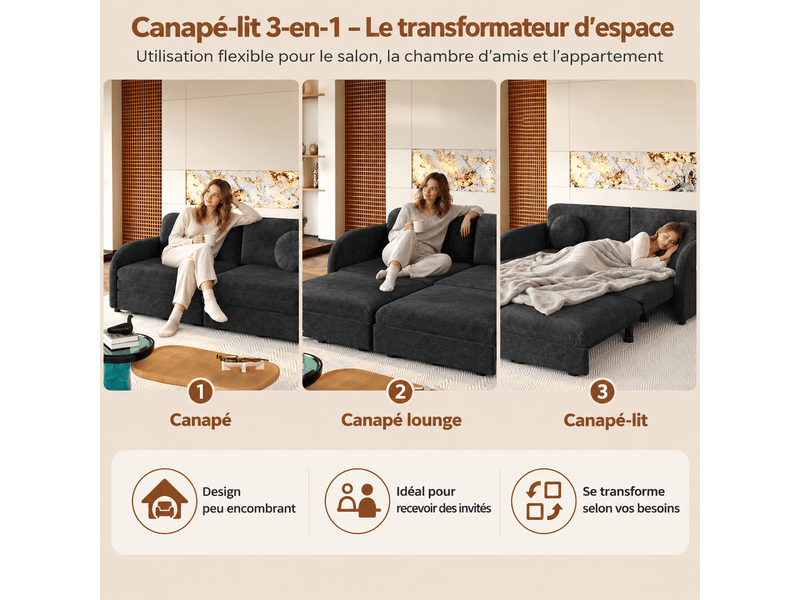  Canapé convertible 2 places 166 cm, 3-en-1 extensible avec rangement, couchage double, coussins amovibles, chenille, noir OMNIGLINT TRADING LTD - Conforama D