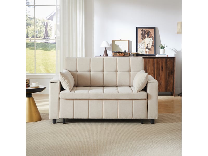Canapé convertible 2 places 3 en 1 avec rangement d'accoudoirs et poches latérales en chenille beige - Conforama D