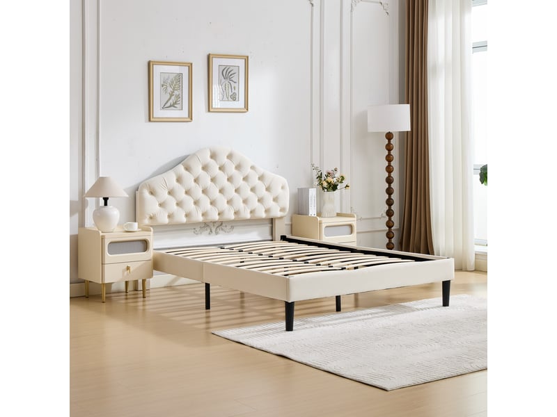  Lit 2 places 140x200 cm, revêtement en velours, coloris beige, tête de lit réglable, sommier à lattes inclus, sans sommier tapissier, montage facile  - Conforama E