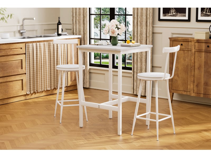  Ensemble table haute et 2 tabourets blancs style industriel en panneaux de particules et acier, pour petits espaces  - Conforama E