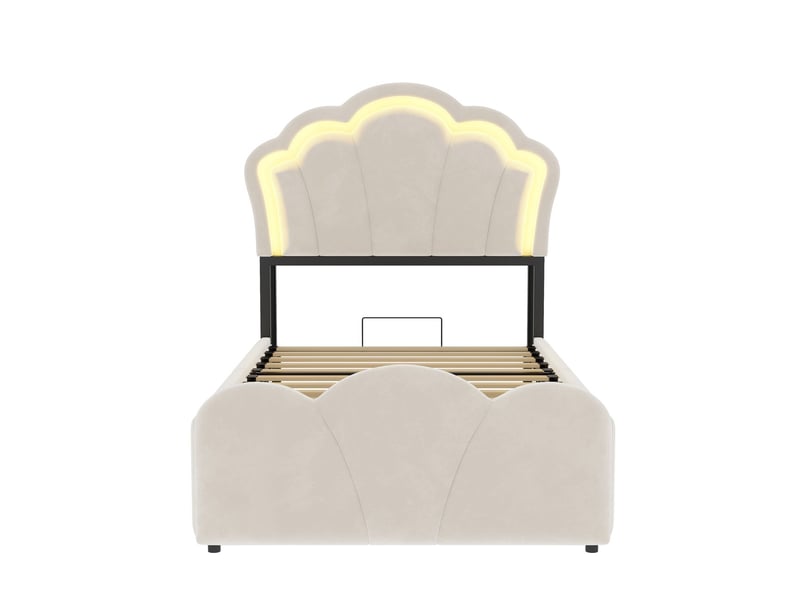  Lit coffre 90 x 200 cm lit simple rangement hydraulique compartiments de rangement en tête de lit éclairage led revêtement en velours design floral prises intégrées coloris beige structure de lit rembourrée  - Conforama A