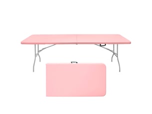 Table de jardin pliante rose 244 cm avec poignée, structure en acier et plateau plastique pour 8 à 10 personnes