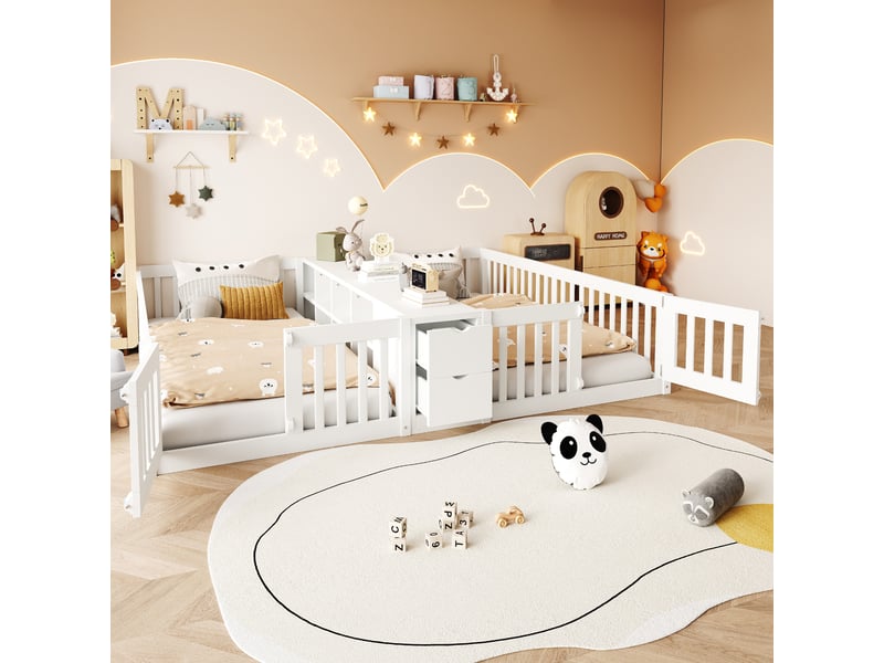  Lit superposé enfant 90x200 cm, bois blanc avec rangements centraux et tiroirs pratiques  - Conforama D