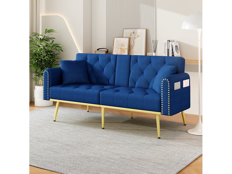  Canapé convertible 2 places avec dossier réglable et porte-gobelet en velours bleu  - Conforama B