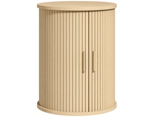 Chevet table d'appoint design rond effet bois clair rainuré 2 portes coulissantes étagère