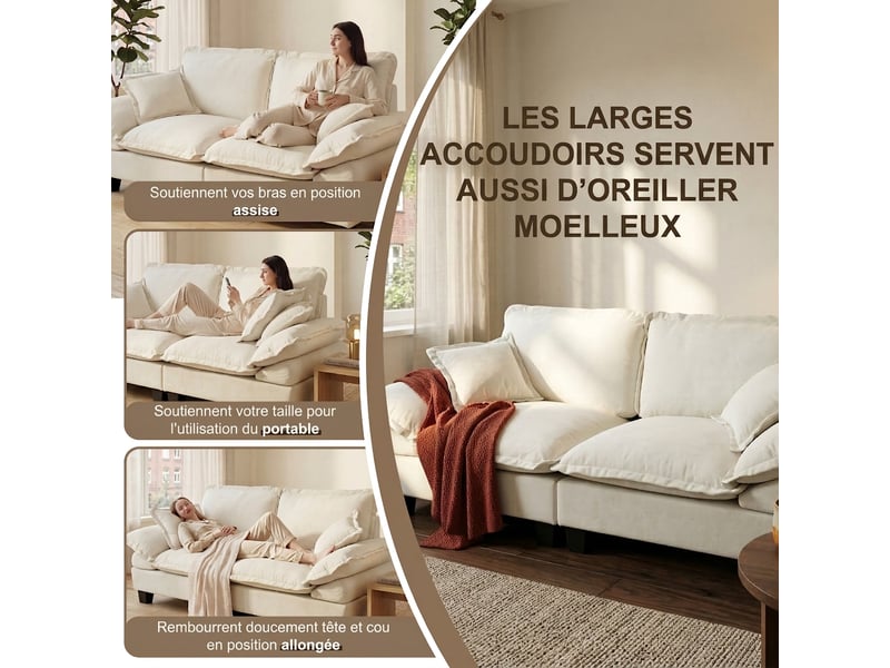 Canapé d'angle modulaire style nuage 194x151 cm avec ottomane mobile et coussins en chenille - Conforama R