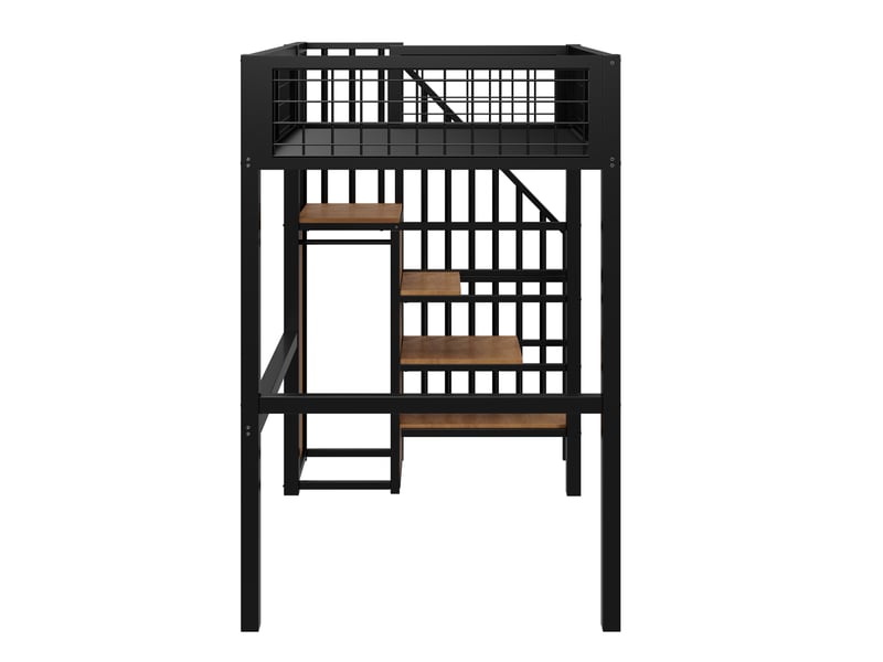  Lit mezzanine en métal, lit simple avec armoire, échelle de rangement et garde-corps, 90x200 cm, sans matelas, noir  - Conforama E