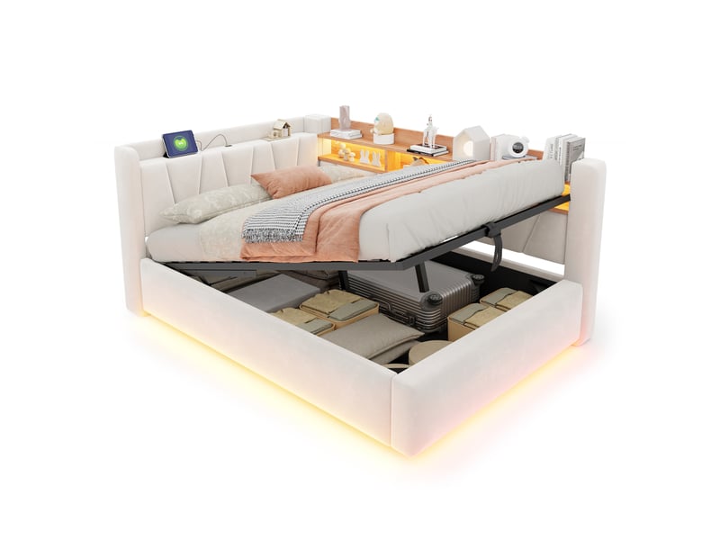 Lit banquette coffre 140 × 200 cm en velours beige, led et usb IKSETERA TRADING LTD - Conforama A