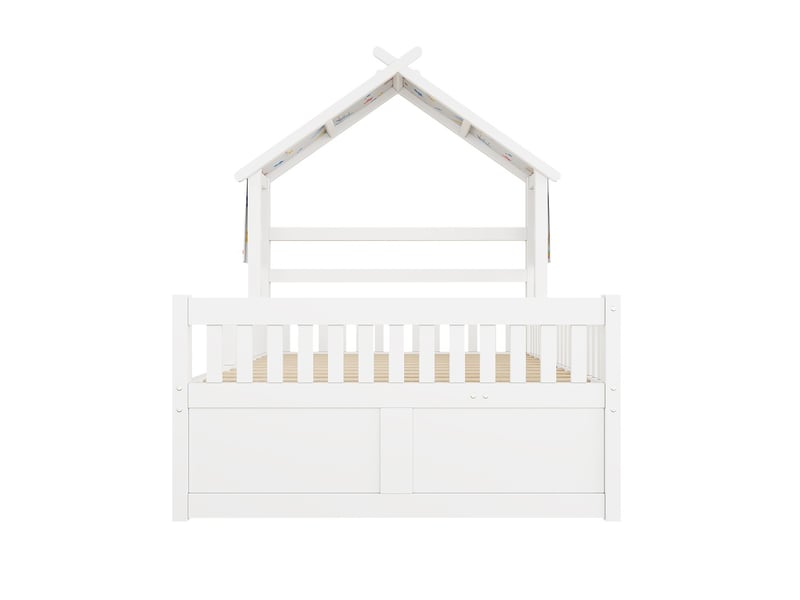  Lit gigogne maison bois 140x200 cm blanc lit gigogne 3 tiroirs barrières sécurité  - Conforama A