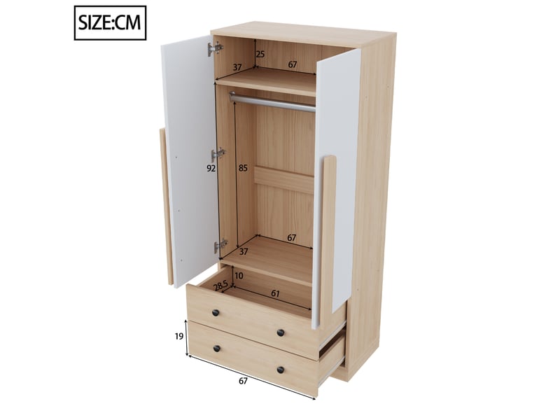 Armoire 2 portes avec 2 tiroirs et 1 grand compartiment pour chambre et dressing en bois et métal naturel et blanc - Conforama E