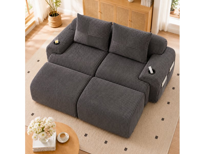 Canapé modulable 2 places avec 2 tabourets, librement combinable, incluant support à boissons et poche latérale de rangement, idéal salon, salle de séjour et autres pièces. Gris foncé - Conforama B