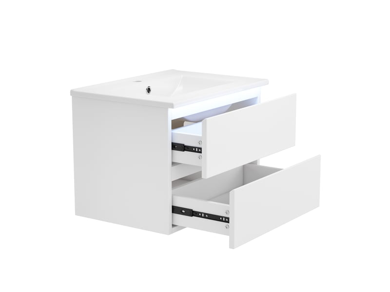 Meuble vasque mural salle de bain blanc 61 cm avec lavabo intégré, led radar et 2 tiroirs silencieux - Conforama D