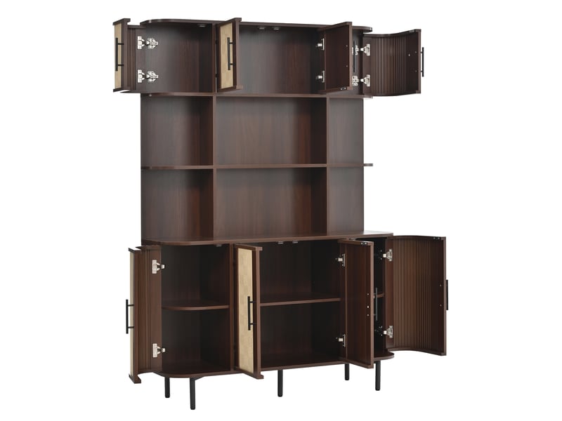  Buffet de rangement - armoire hautebuffet avec façade en rotin, structure en mdf, 8 portes, poignée noire, pieds en fer, noyer  - Conforama R