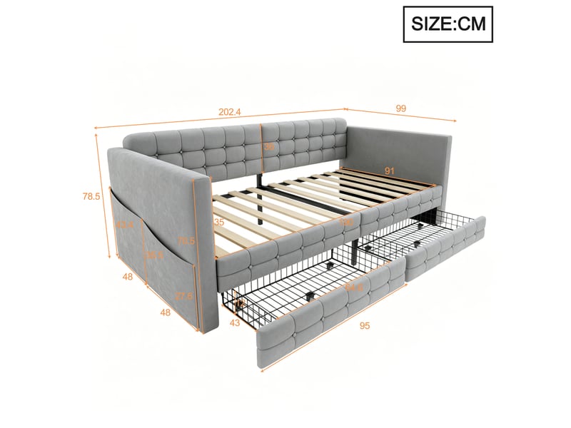  Lit banquette 90 × 190 cm, velours capitonné, 2 tiroirs, poches latérales, sommier à lattes, gris clair, avec rangement  - Conforama C