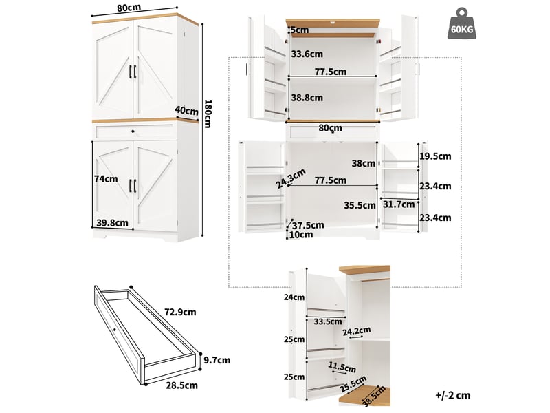  Meuble de cuisine muvano blanc à 4 portes et tiroir, buffet haut 80 x 40 x 180 cm  - Conforama W