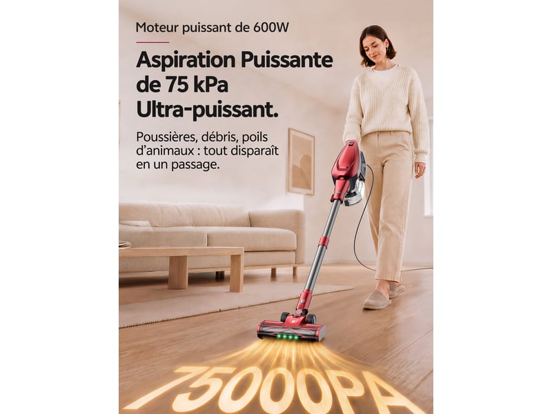  Vactidy blitz c9 - aspirateur balai avec fil - 75kpa - 200aw600w - bac 1.5l - câble 7m - jusqu'à 150m² - ultra-léger 1.7kg - brosse led - filtration 6 étapes  - Conforama B