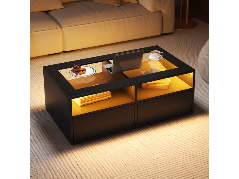Table basse noire led en verre trempé avec 2 tiroirs et rangement ouvert 100x50x35 cm - Conforama B